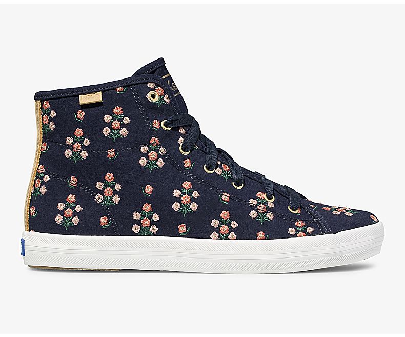 Keds Womens Navy Lace Up Shoes - Keds X Rifle Paper Co Kickstart Hi Posy Embroidered 193QLHJVY